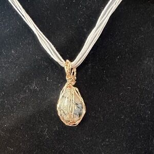 Handcrafted Gold Wire-Wrapped Dendritic AgateTeardrop Pendant Necklace in White